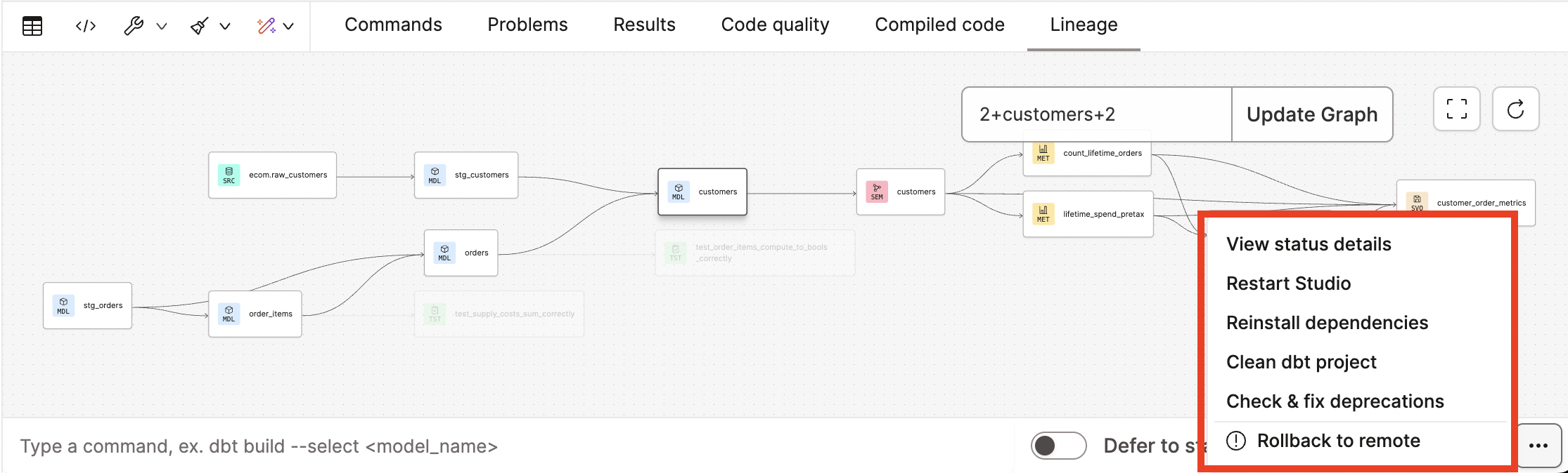 Access the Studio IDE options menu Access the Studio IDE options menu